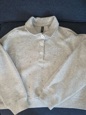H&M Light Gray Crewneck Polo Sweatshirt with Rhinestones